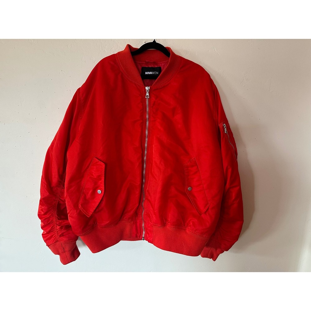 Fashion Nova Men Red Bomber Jacket Oversized Ruched Sleeve Flight Coat 3XL